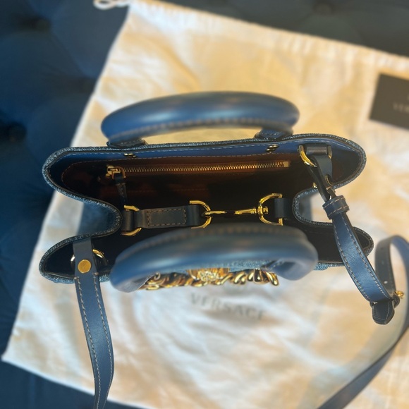 Authentic Rare Versace La Medusa Chain Embellished Leather trimmed Denim Tote 💙 - Picture 12 of 16